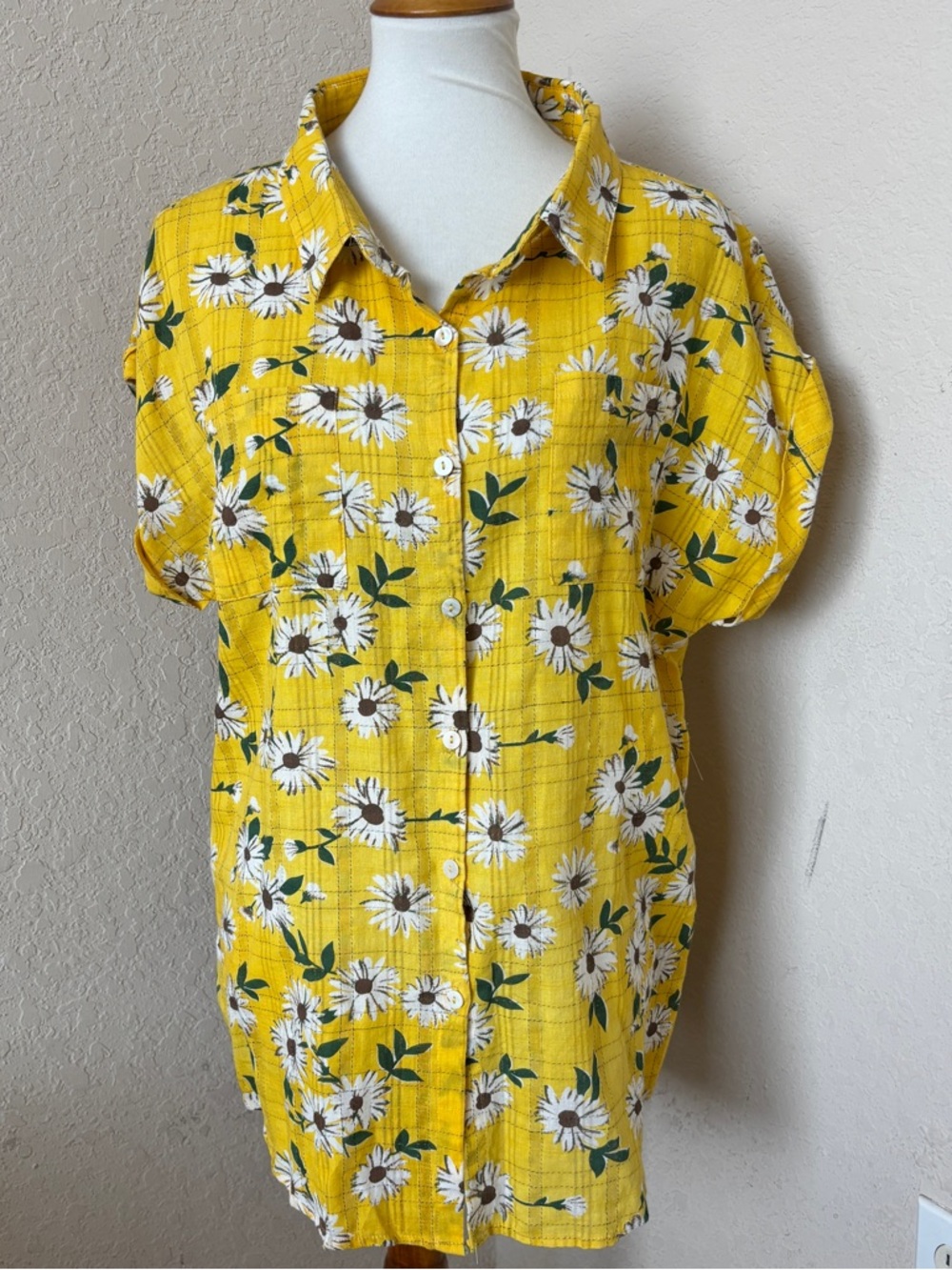 POL Yellow Floral Tunic Button Down Blouse 100% Cotton Boho Short Sleeve Top - Picture 2 of 7